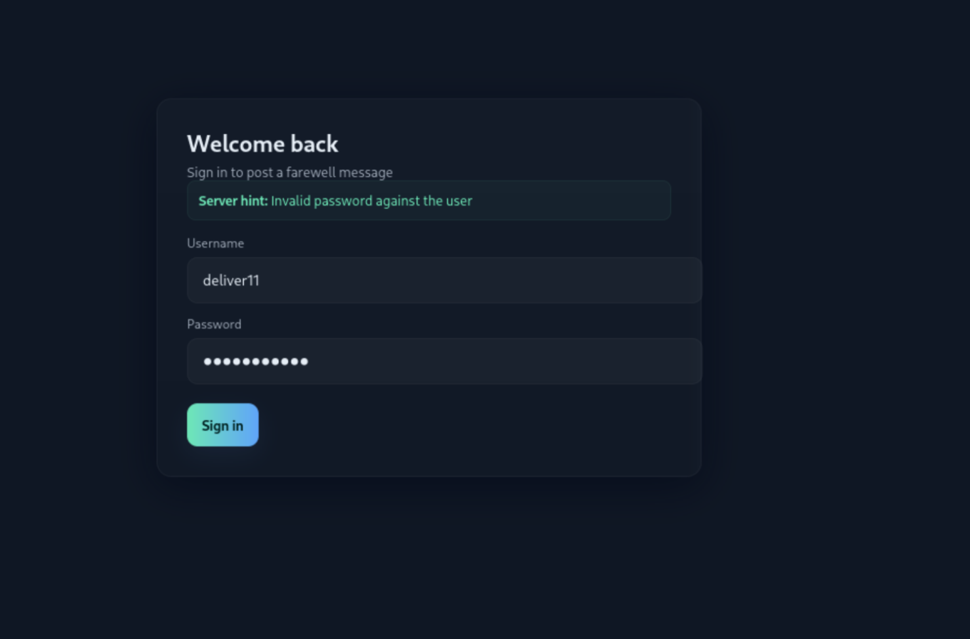 login form confirming deliver11 is a valid username